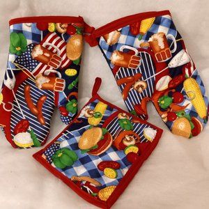 Oven Mitts Out Door  BBQ Theam 3 Piece Set